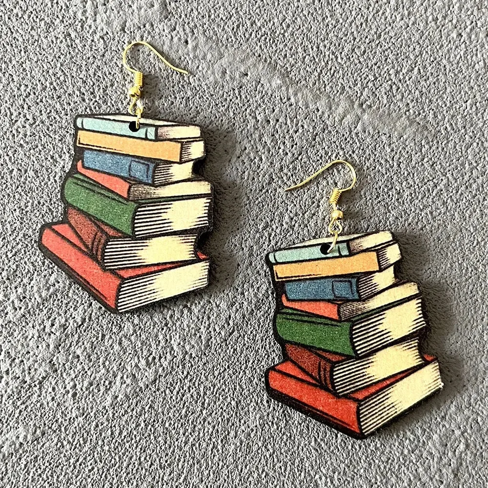 Women Geometric Rainbow Book Earrings Wooden