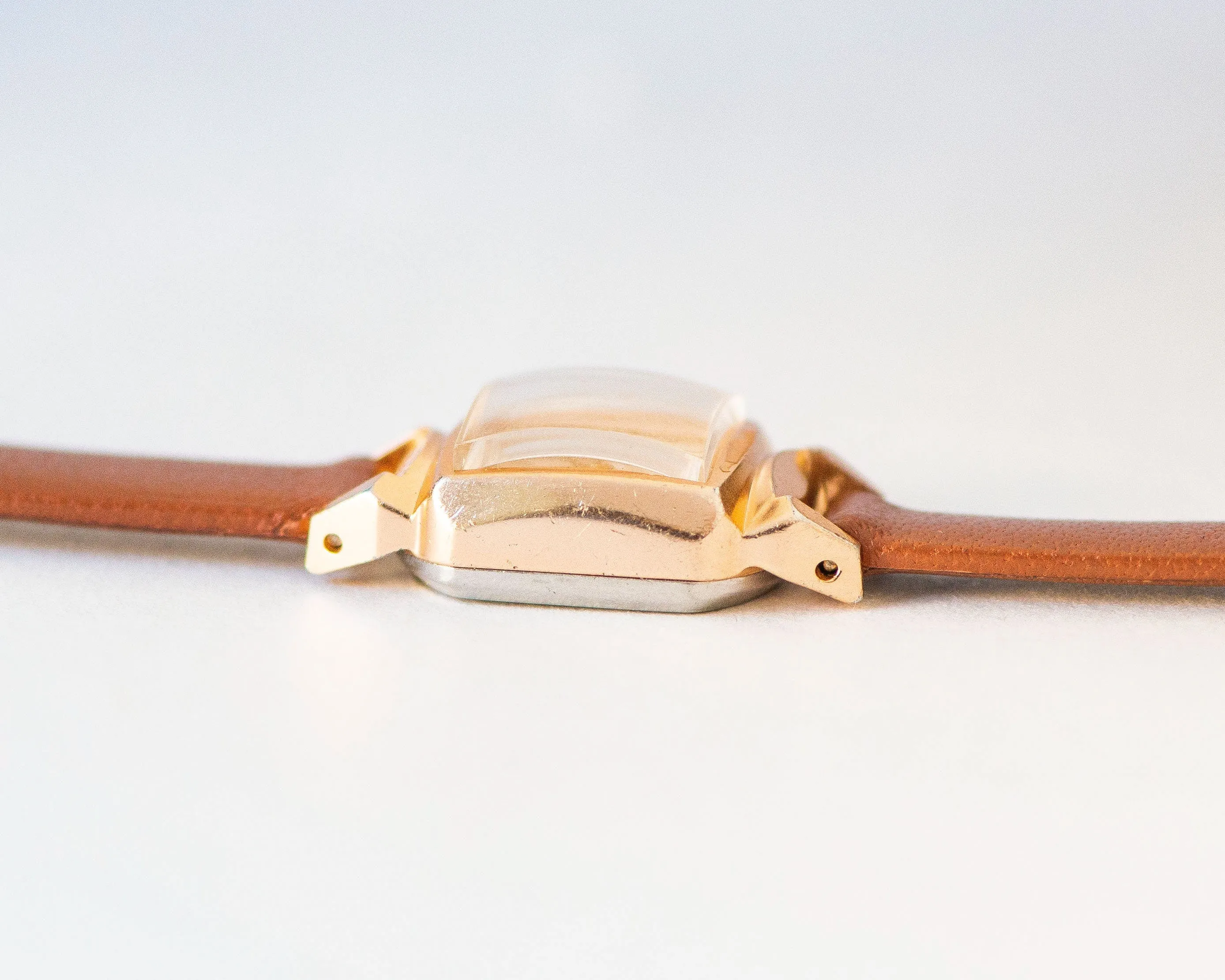Women watch Glory square retro, vintage ladies wristwatch gold shade, art deco style rare jewelry sunburst dial, new premium leather strap