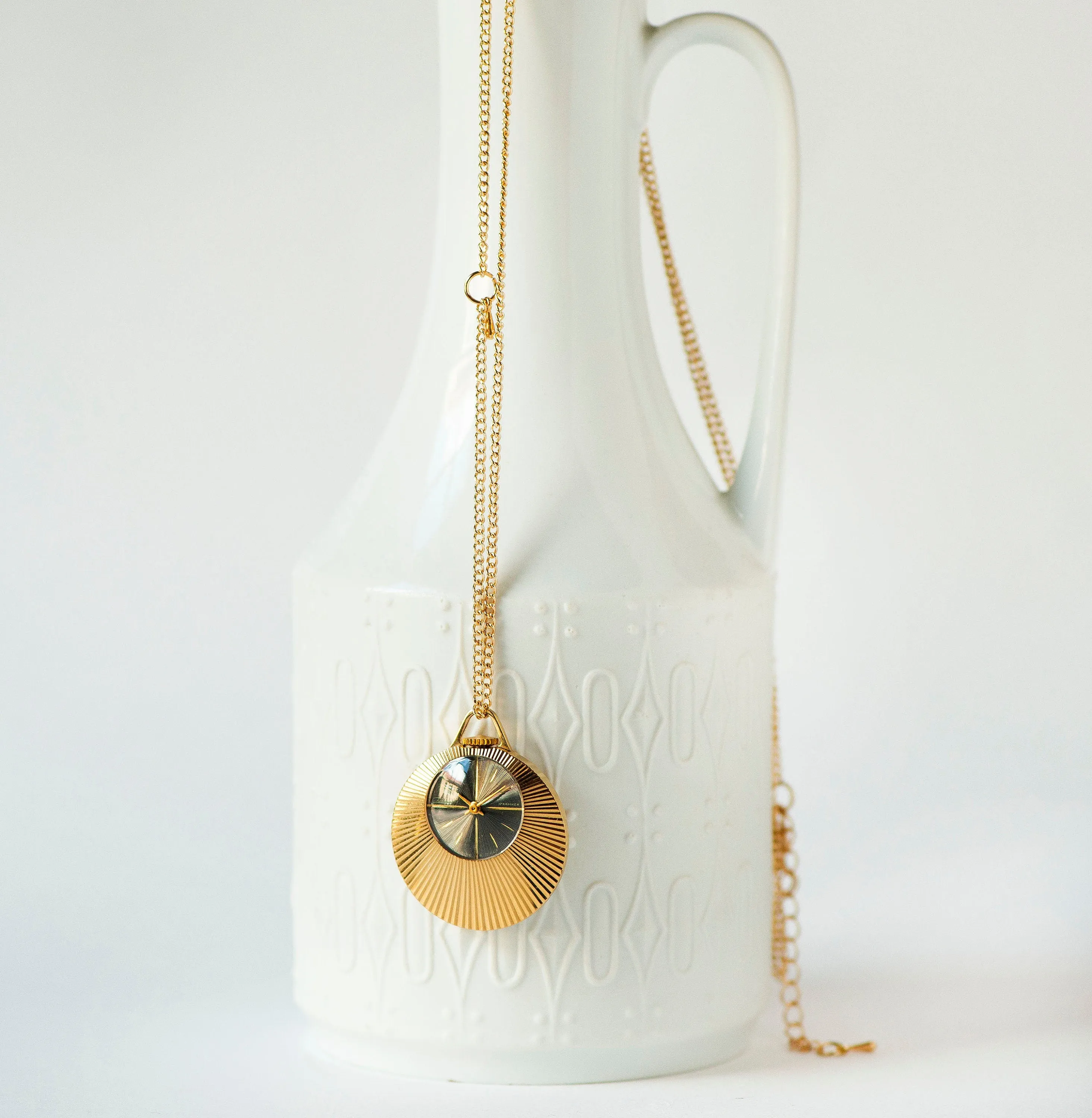 Women watch pendant necklace gold plated Glory, sunburst case black dial pendant watch 70s, mint condition lady neck accessory round gift