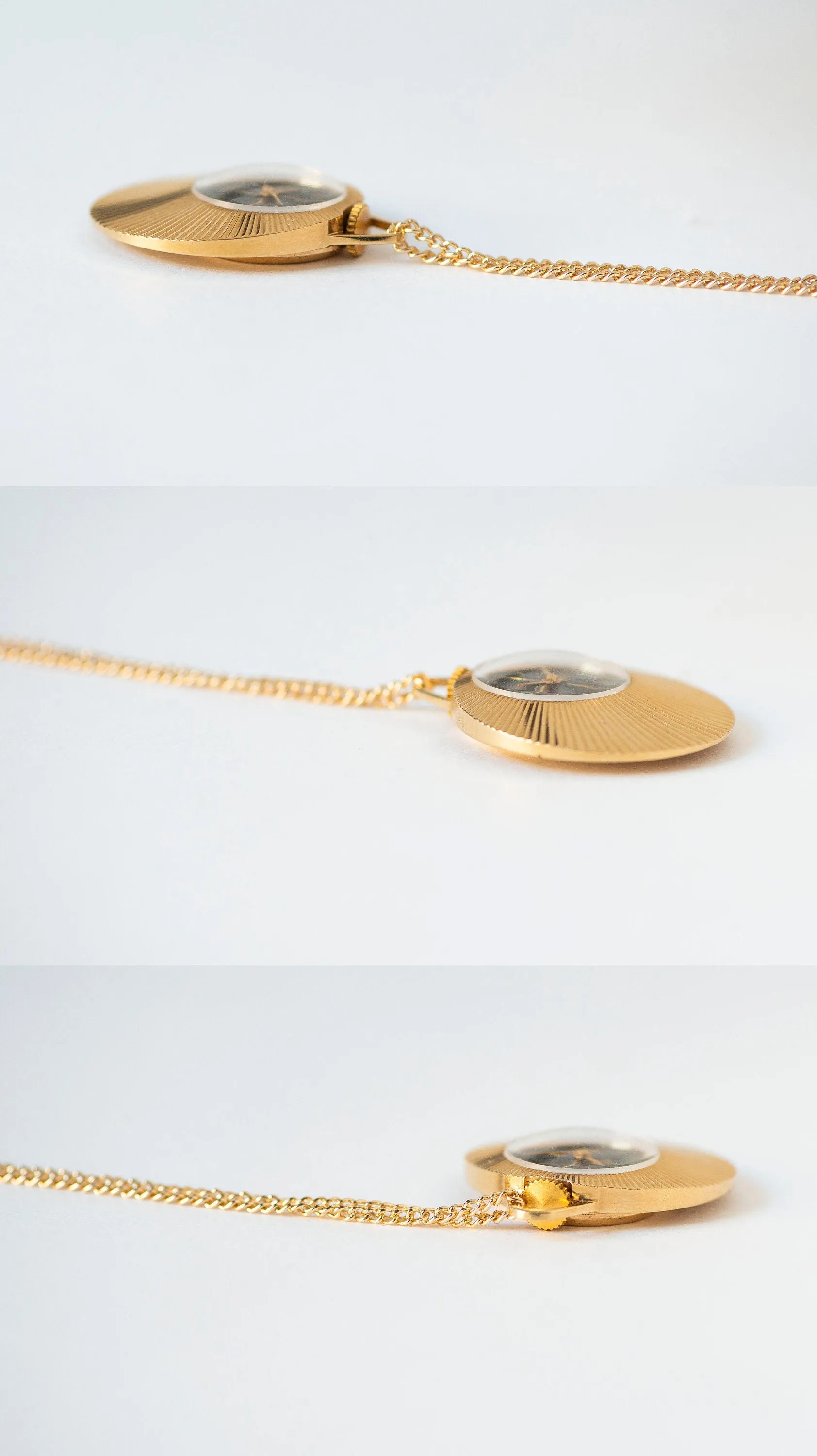 Women watch pendant necklace gold plated Glory, sunburst case black dial pendant watch 70s, mint condition lady neck accessory round gift