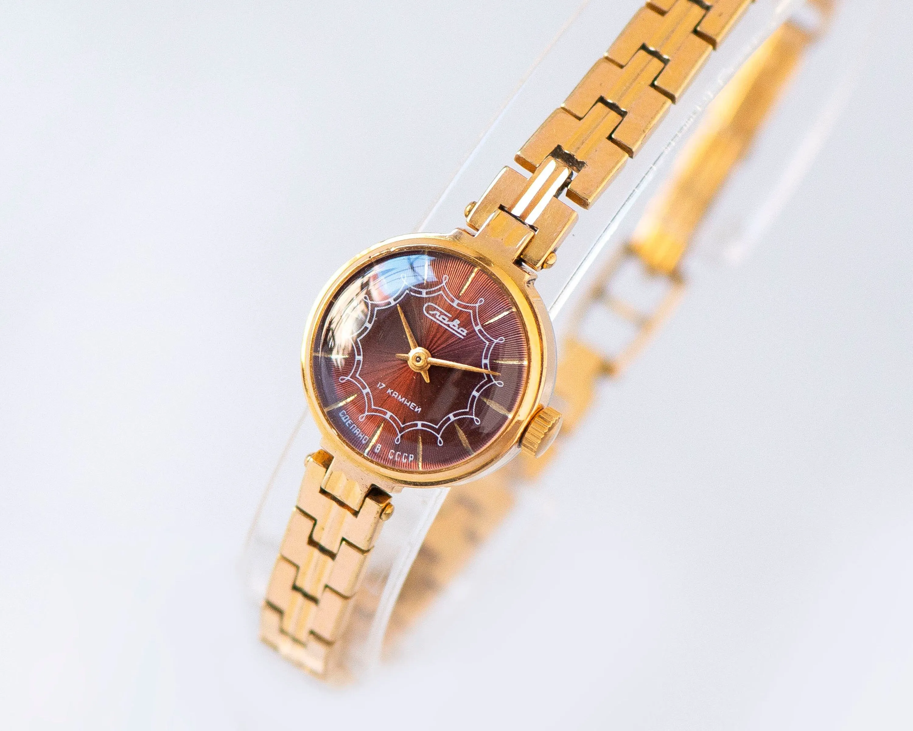 Women's watch bracelet Glory dark burgundy dial, lady wristwatch gold plated jewelry vintage, classic cocktail watch, tiny woman watch gift