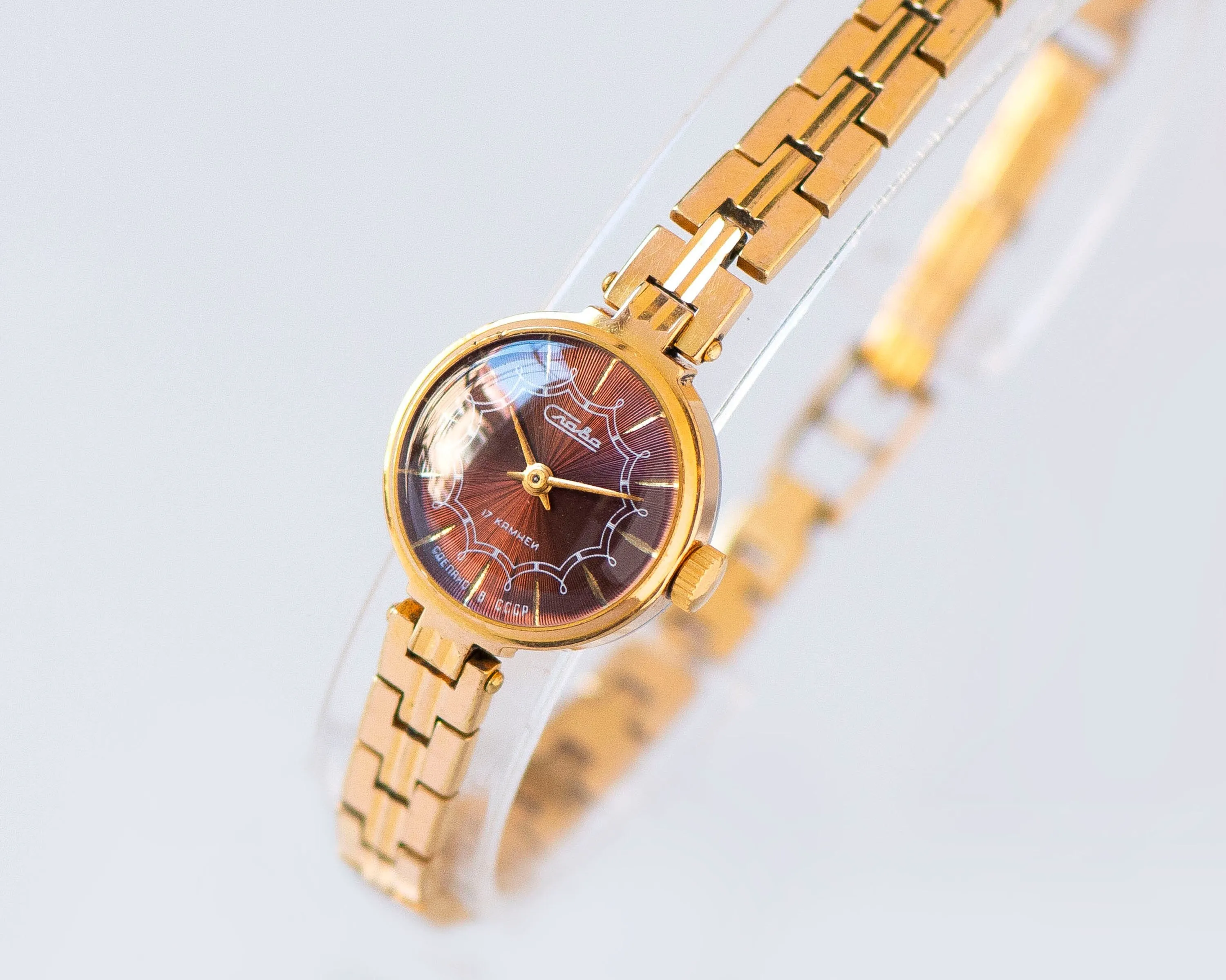 Women's watch bracelet Glory dark burgundy dial, lady wristwatch gold plated jewelry vintage, classic cocktail watch, tiny woman watch gift