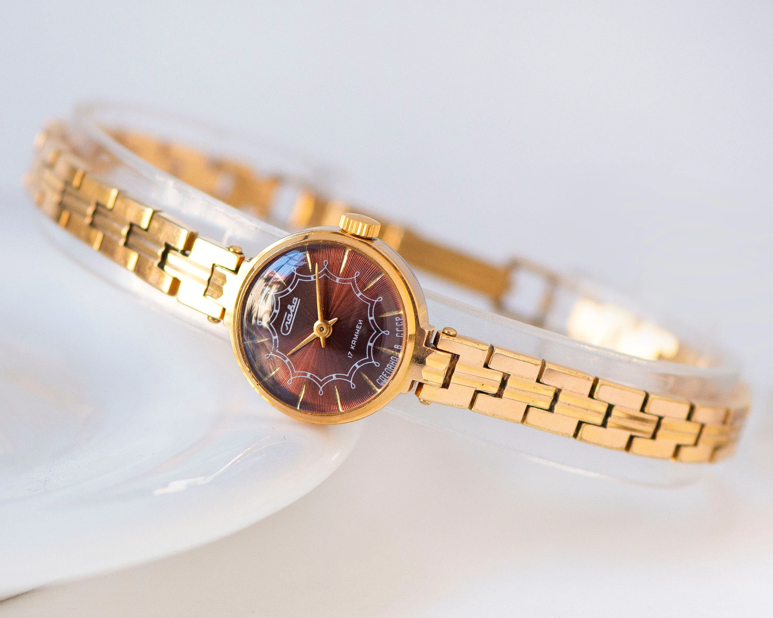 Women's watch bracelet Glory dark burgundy dial, lady wristwatch gold plated jewelry vintage, classic cocktail watch, tiny woman watch gift