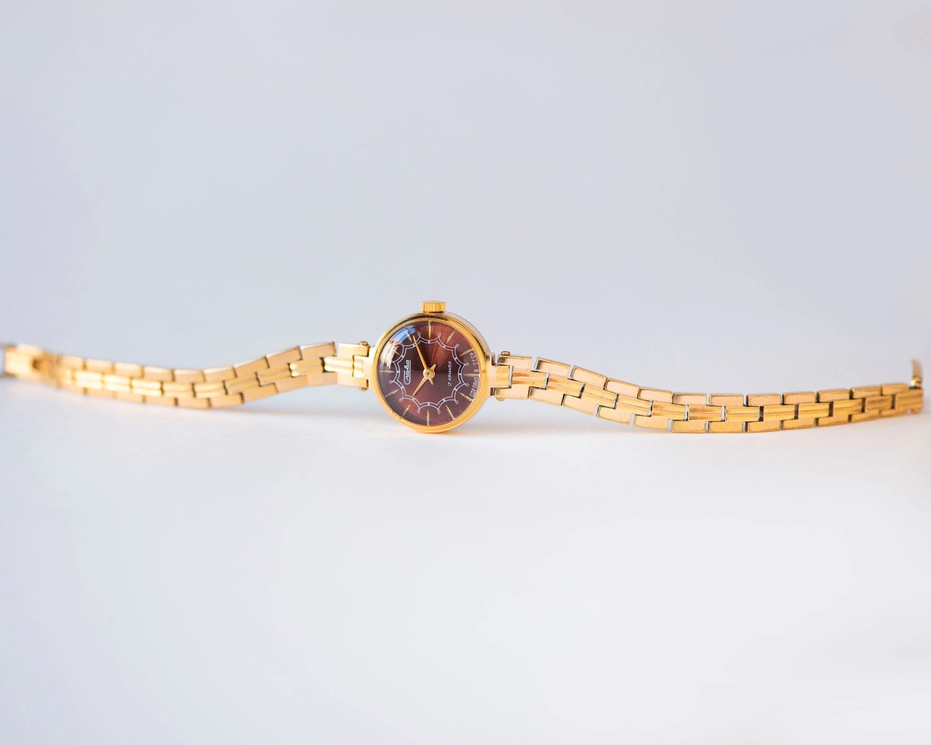 Women's watch bracelet Glory dark burgundy dial, lady wristwatch gold plated jewelry vintage, classic cocktail watch, tiny woman watch gift