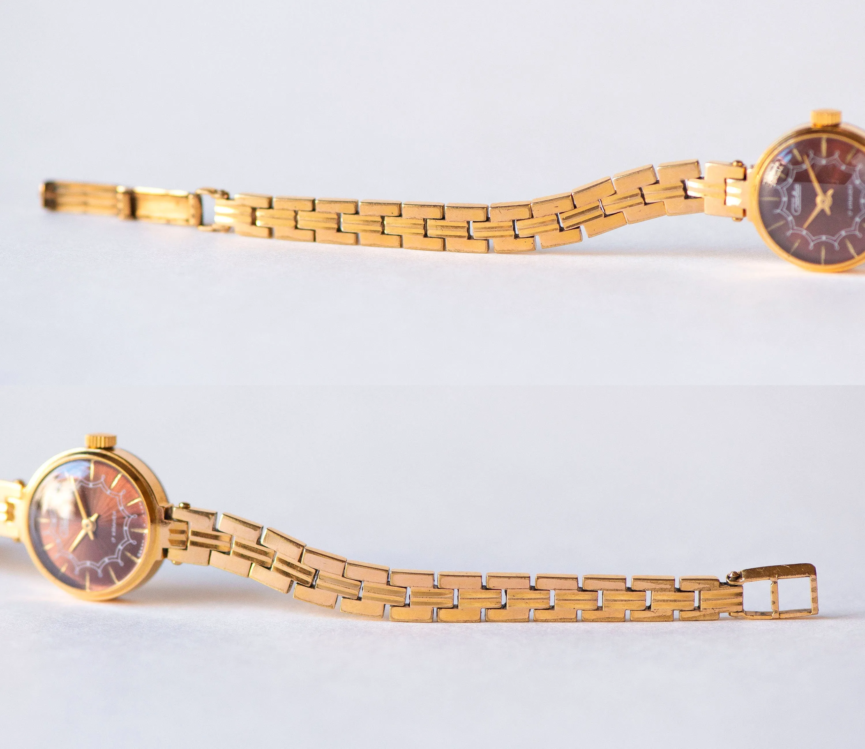 Women's watch bracelet Glory dark burgundy dial, lady wristwatch gold plated jewelry vintage, classic cocktail watch, tiny woman watch gift
