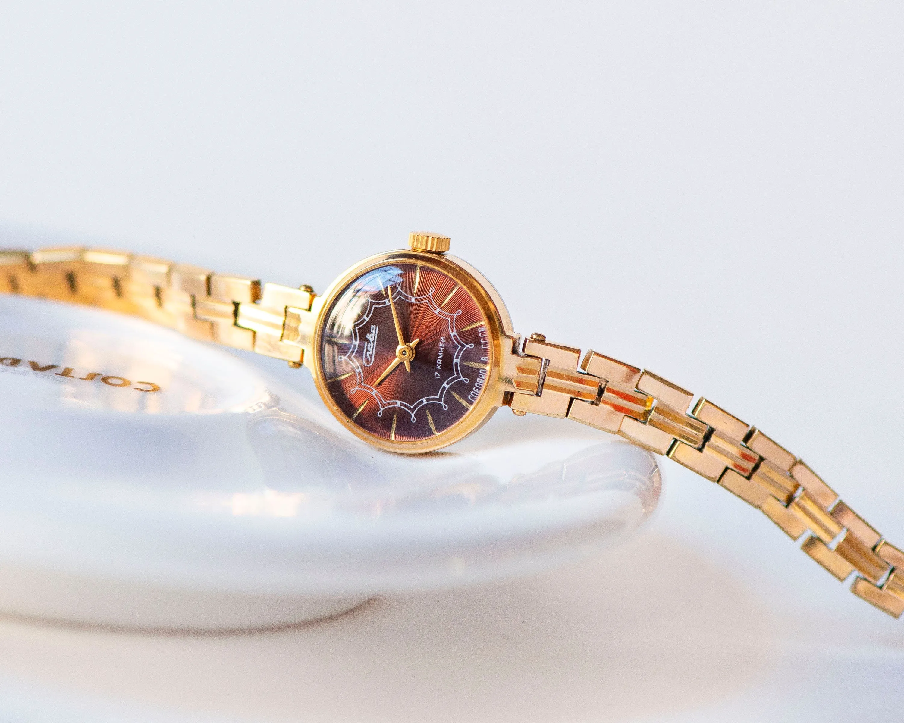 Women's watch bracelet Glory dark burgundy dial, lady wristwatch gold plated jewelry vintage, classic cocktail watch, tiny woman watch gift