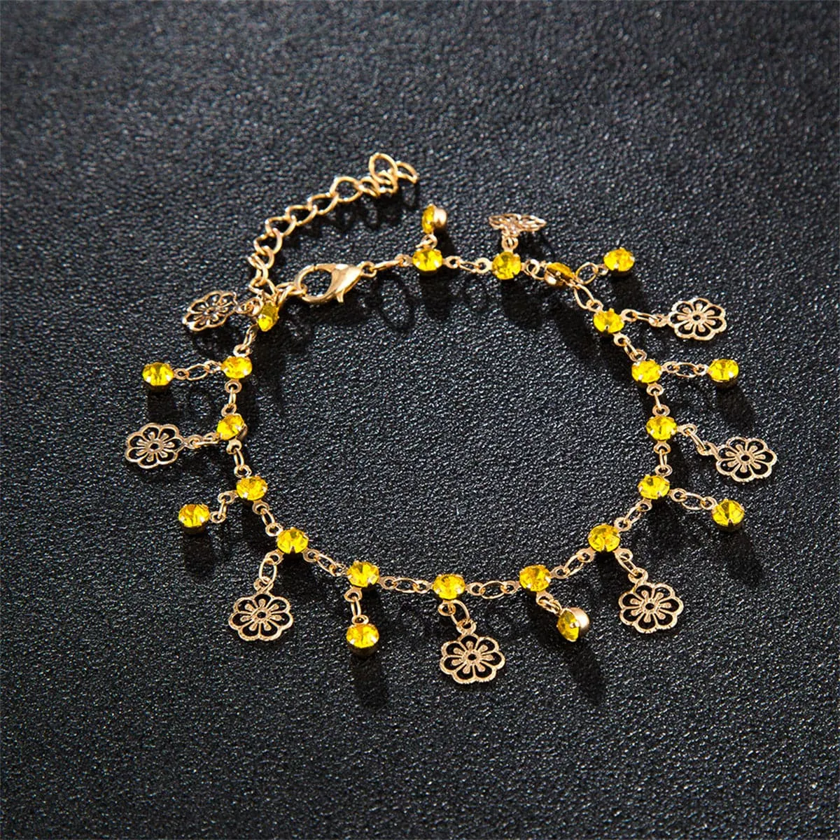 Yellow Cubic Zirconia & 18K Gold-Plated Floral Station Anklet