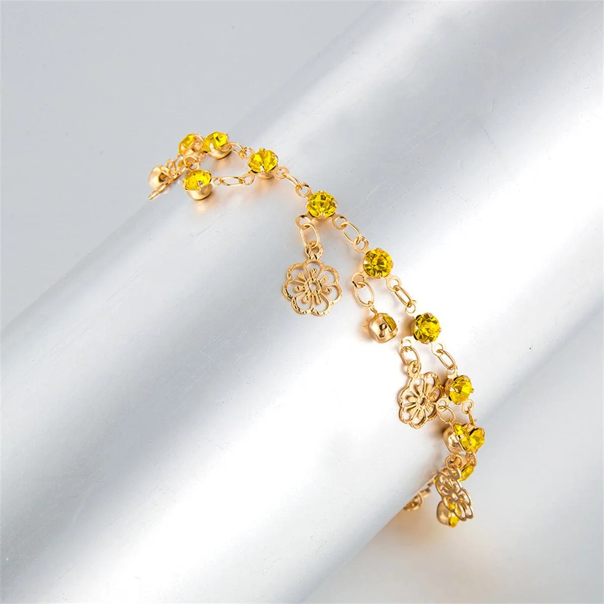Yellow Cubic Zirconia & 18K Gold-Plated Floral Station Anklet