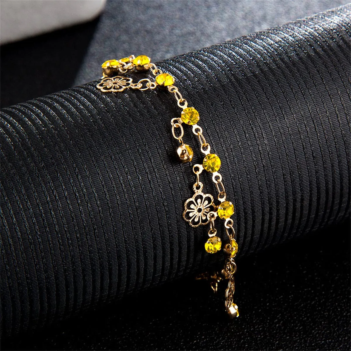 Yellow Cubic Zirconia & 18K Gold-Plated Floral Station Anklet
