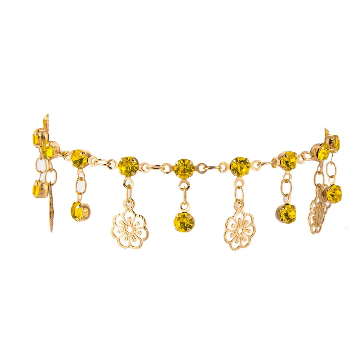 Yellow Cubic Zirconia & 18K Gold-Plated Floral Station Anklet