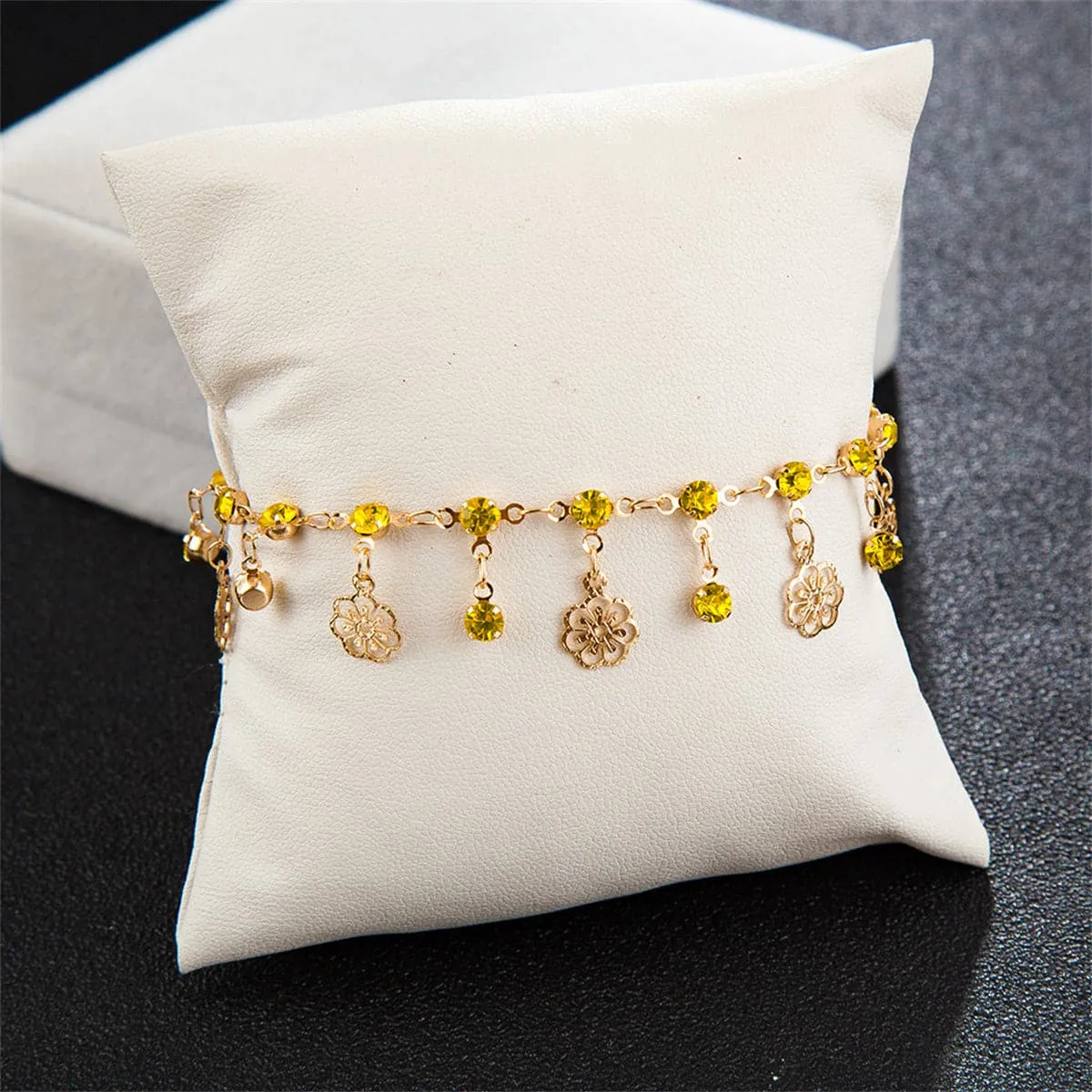 Yellow Cubic Zirconia & 18K Gold-Plated Floral Station Anklet