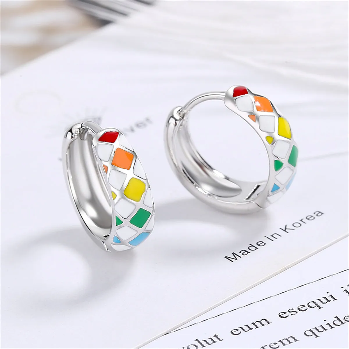 Yellow Enamel & Silver-Plated Geometric Huggie Earrings