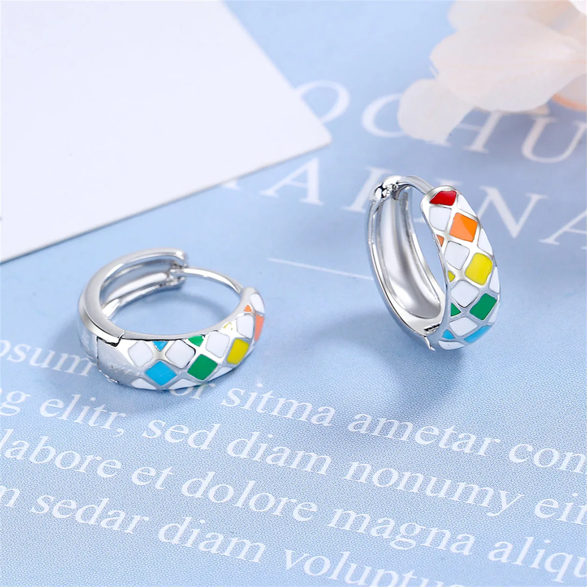 Yellow Enamel & Silver-Plated Geometric Huggie Earrings