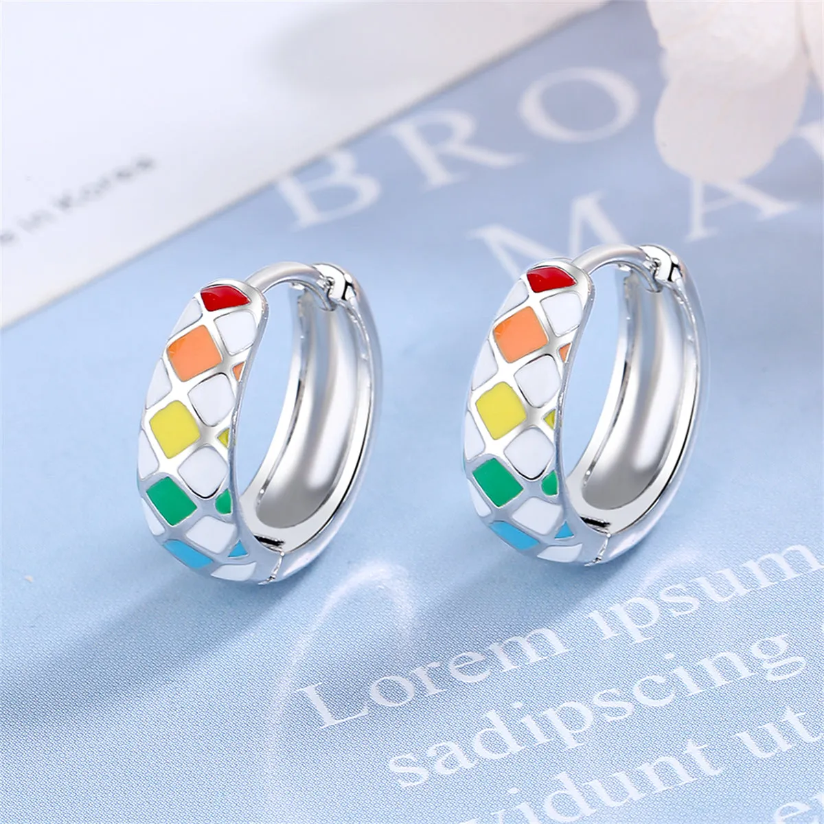Yellow Enamel & Silver-Plated Geometric Huggie Earrings